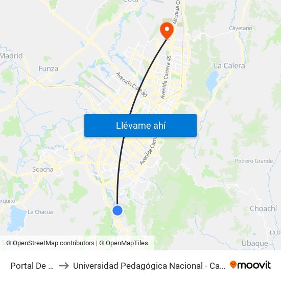 Portal De Usme to Universidad Pedagógica Nacional - Campus Valmaria map