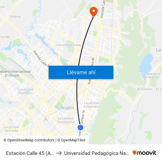 Estación Calle 45 (Ac 45 - Av. Caracas) to Universidad Pedagógica Nacional - Campus Valmaria map