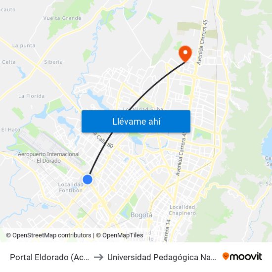 Portal Eldorado (Ac 26 - Av. C. De Cali) to Universidad Pedagógica Nacional - Campus Valmaria map