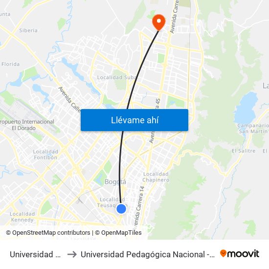 Universidad Nacional to Universidad Pedagógica Nacional - Campus Valmaria map