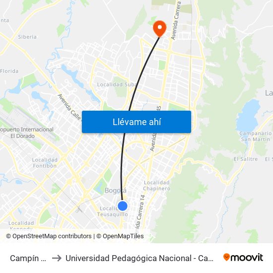 Campín - Uan to Universidad Pedagógica Nacional - Campus Valmaria map