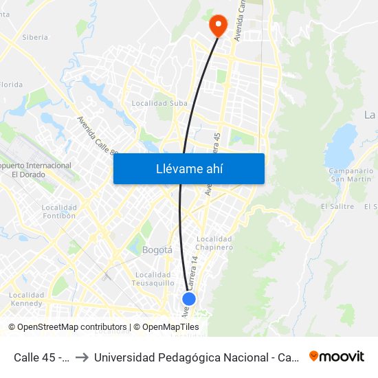 Calle 45 - Asw to Universidad Pedagógica Nacional - Campus Valmaria map