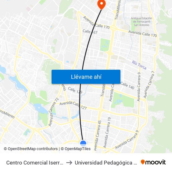 Centro Comercial Iserra 100 (Ac 100 - Kr 54) (B) to Universidad Pedagógica Nacional - Campus Valmaria map