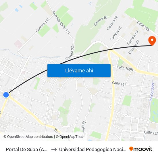 Portal De Suba (Av. Suba - Kr 106) to Universidad Pedagógica Nacional - Campus Valmaria map