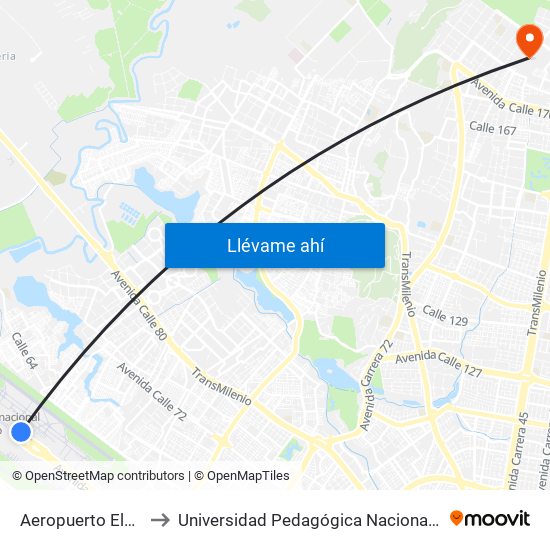 Aeropuerto Eldorado (B) to Universidad Pedagógica Nacional - Campus Valmaria map