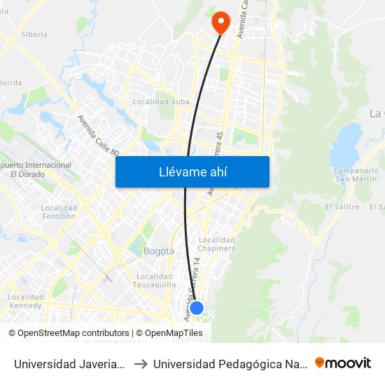 Universidad Javeriana (Ak 7 - Cl 40) (B) to Universidad Pedagógica Nacional - Campus Valmaria map