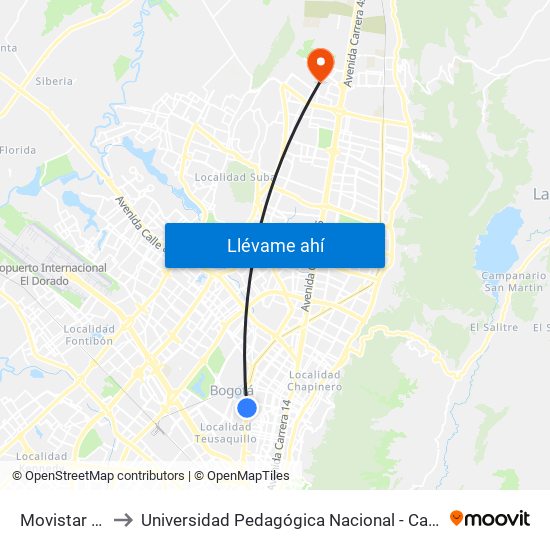 Movistar Arena to Universidad Pedagógica Nacional - Campus Valmaria map