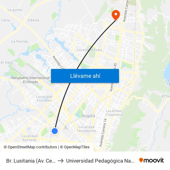 Br. Lusitania (Av. Centenario - Kr 68b) to Universidad Pedagógica Nacional - Campus Valmaria map