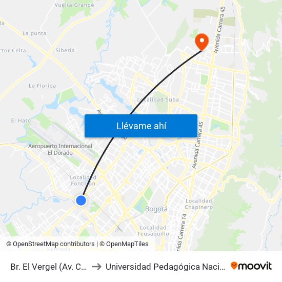 Br. El Vergel (Av. C. De Cali - Cl 18) to Universidad Pedagógica Nacional - Campus Valmaria map