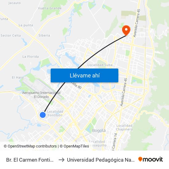 Br. El Carmen Fontibón (Cl 17 - Kr 100) to Universidad Pedagógica Nacional - Campus Valmaria map