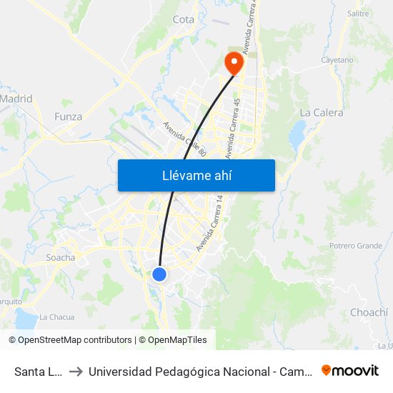 Santa Lucía to Universidad Pedagógica Nacional - Campus Valmaria map