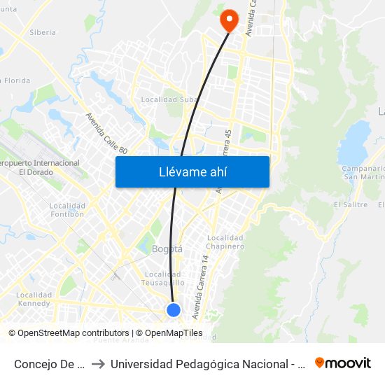 Concejo De Bogotá to Universidad Pedagógica Nacional - Campus Valmaria map