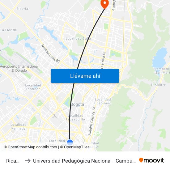 Ricaurte to Universidad Pedagógica Nacional - Campus Valmaria map