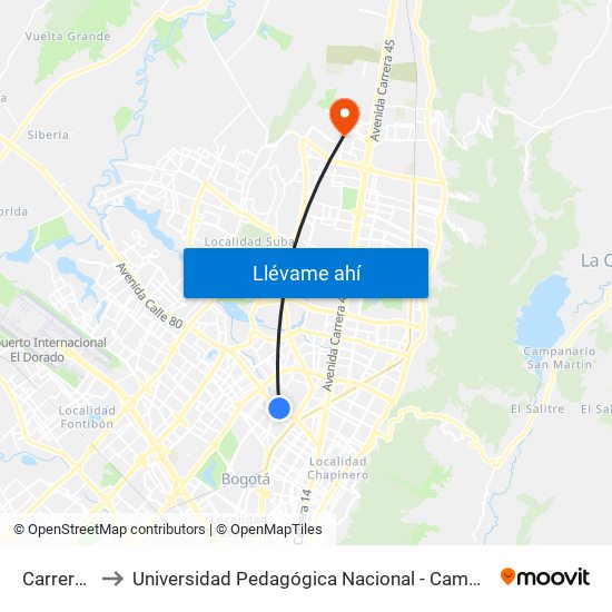 Carrera 47 to Universidad Pedagógica Nacional - Campus Valmaria map