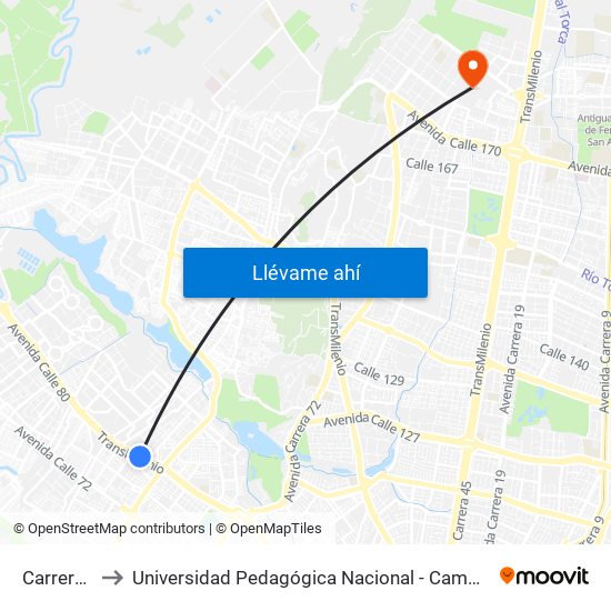 Carrera 90 to Universidad Pedagógica Nacional - Campus Valmaria map