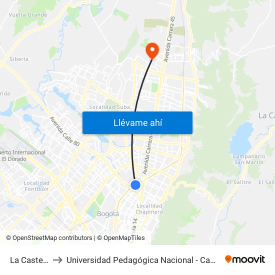 La Castellana to Universidad Pedagógica Nacional - Campus Valmaria map