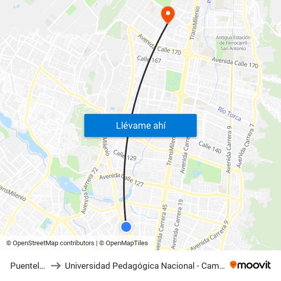 Puentelargo to Universidad Pedagógica Nacional - Campus Valmaria map