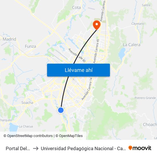 Portal Del Tunal to Universidad Pedagógica Nacional - Campus Valmaria map