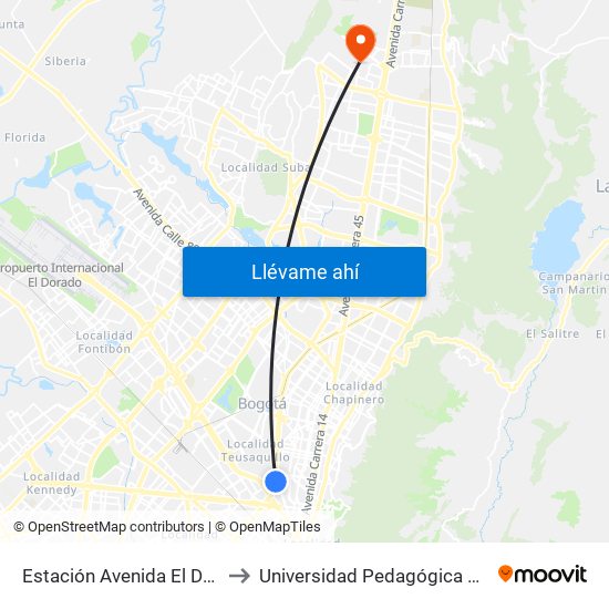 Estación Avenida El Dorado (Av. NQS - Cl 40a) to Universidad Pedagógica Nacional - Campus Valmaria map