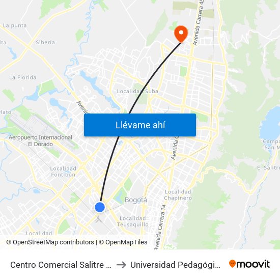 Centro Comercial Salitre Plaza (Av. La Esperanza - Kr 68a) to Universidad Pedagógica Nacional - Campus Valmaria map