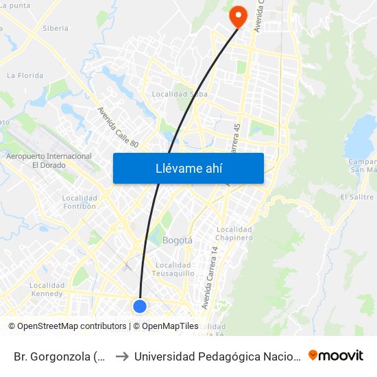 Br. Gorgonzola (Kr 43 - Cl 12b) to Universidad Pedagógica Nacional - Campus Valmaria map