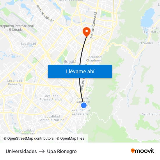 Universidades to Upa Rionegro map