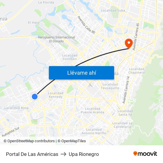 Portal De Las Américas to Upa Rionegro map