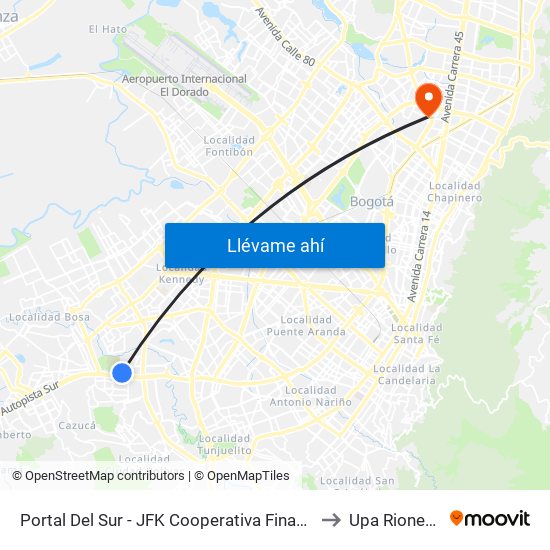 Portal Del Sur - JFK Cooperativa Financiera to Upa Rionegro map