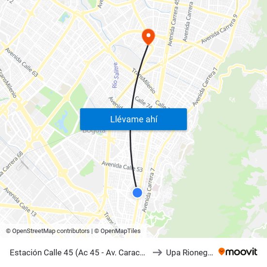 Estación Calle 45 (Ac 45 - Av. Caracas) to Upa Rionegro map