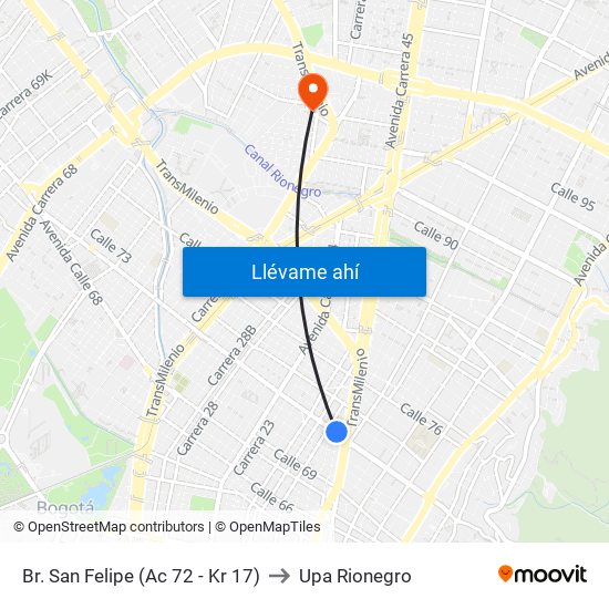 Br. San Felipe (Ac 72 - Kr 17) to Upa Rionegro map