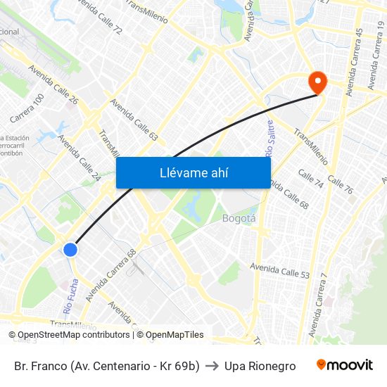 Br. Franco (Av. Centenario - Kr 69b) to Upa Rionegro map