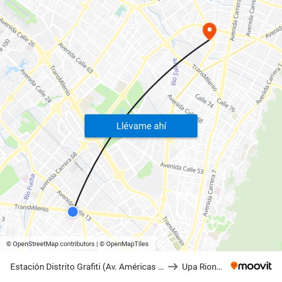 Estación Distrito Grafiti (Av. Américas - Kr 53a) to Upa Rionegro map