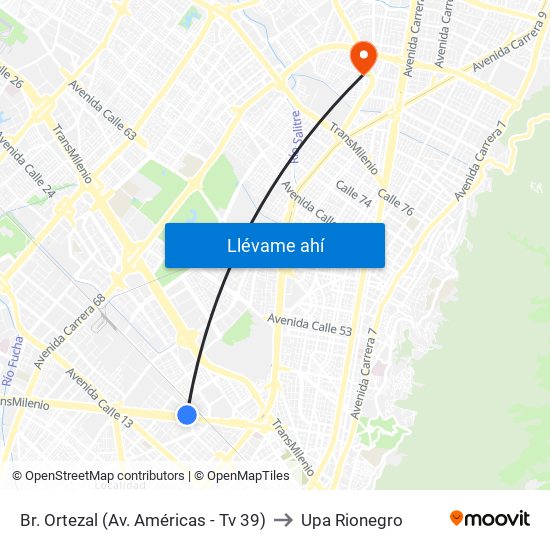 Br. Ortezal (Av. Américas - Tv 39) to Upa Rionegro map