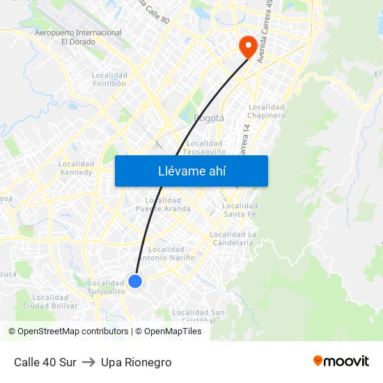Calle 40 Sur to Upa Rionegro map