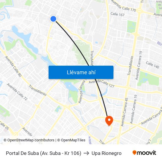 Portal De Suba (Av. Suba - Kr 106) to Upa Rionegro map