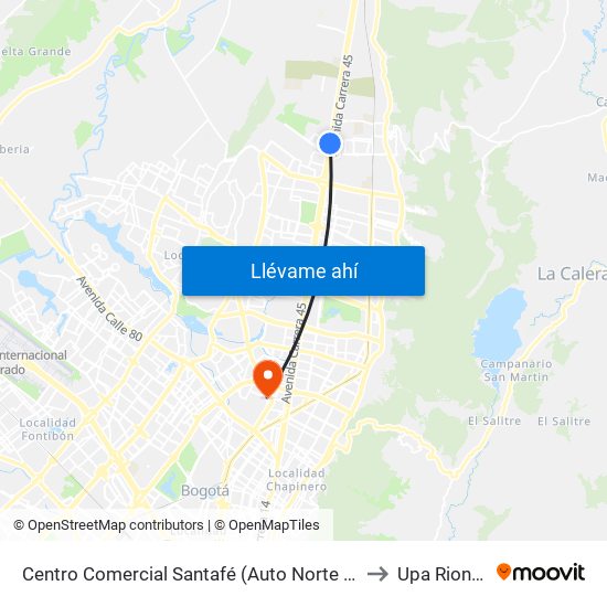 Centro Comercial Santafé (Auto Norte - Cl 187) (B) to Upa Rionegro map