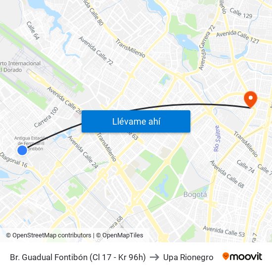 Br. Guadual Fontibón (Cl 17 - Kr 96h) to Upa Rionegro map