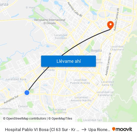 Hospital Pablo VI Bosa (Cl 63 Sur - Kr 77g) (A) to Upa Rionegro map