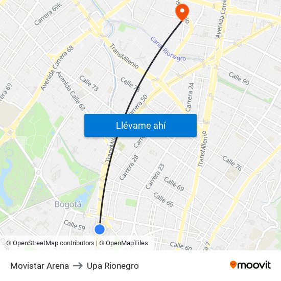 Movistar Arena to Upa Rionegro map