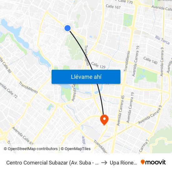 Centro Comercial Subazar (Av. Suba - Kr 91) to Upa Rionegro map