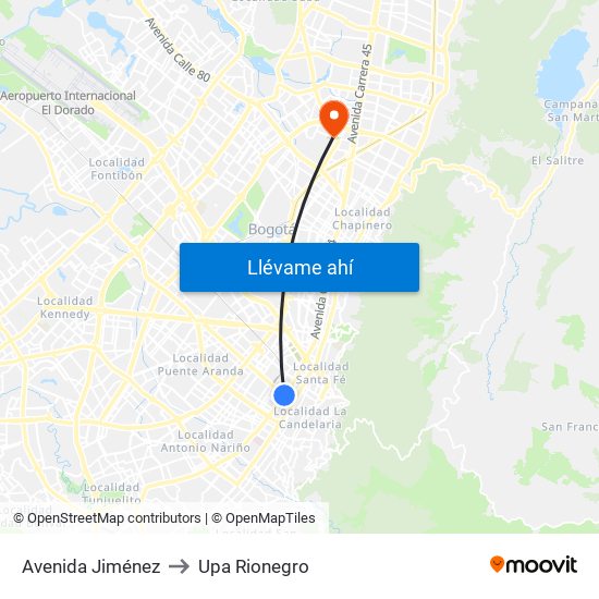 Avenida Jiménez to Upa Rionegro map