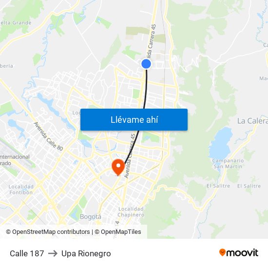 Calle 187 to Upa Rionegro map