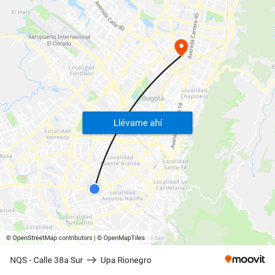 NQS - Calle 38a Sur to Upa Rionegro map