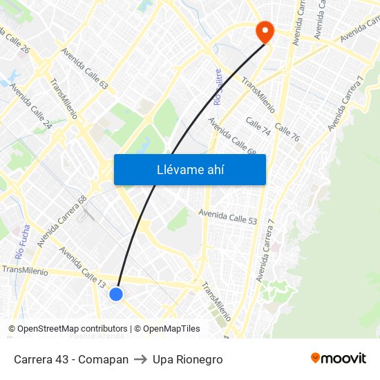 Carrera 43 - Comapan to Upa Rionegro map