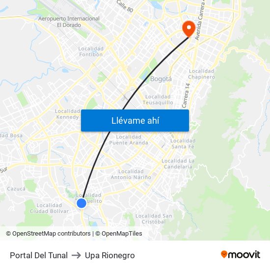 Portal Del Tunal to Upa Rionegro map