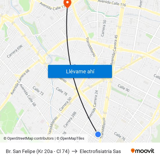 Br. San Felipe (Kr 20a - Cl 74) to Electrofisiatría Sas map