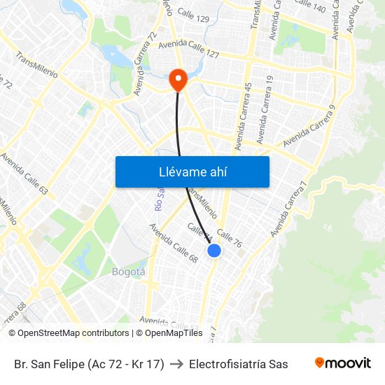 Br. San Felipe (Ac 72 - Kr 17) to Electrofisiatría Sas map