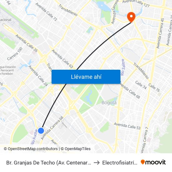 Br. Granjas De Techo (Av. Centenario - Kr 65) to Electrofisiatría Sas map