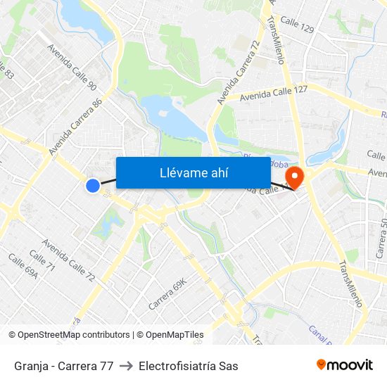 Granja - Carrera 77 to Electrofisiatría Sas map