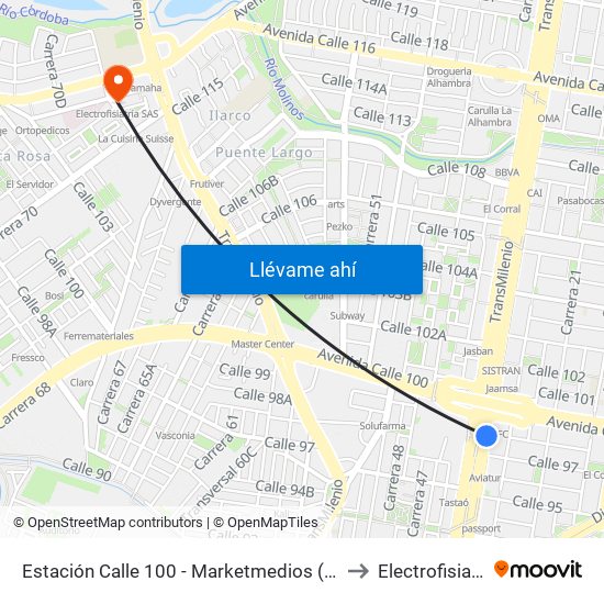 Estación Calle 100 - Marketmedios (Auto Norte - Cl 98) to Electrofisiatría Sas map